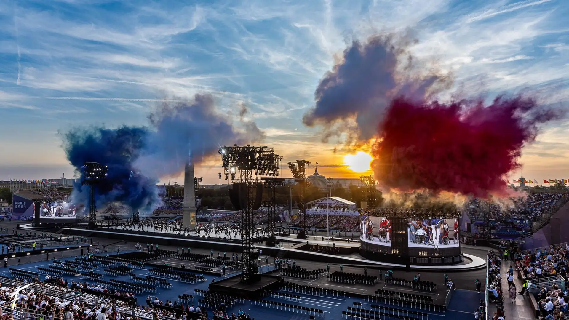 Blue white and red fireworks shot over the main stage