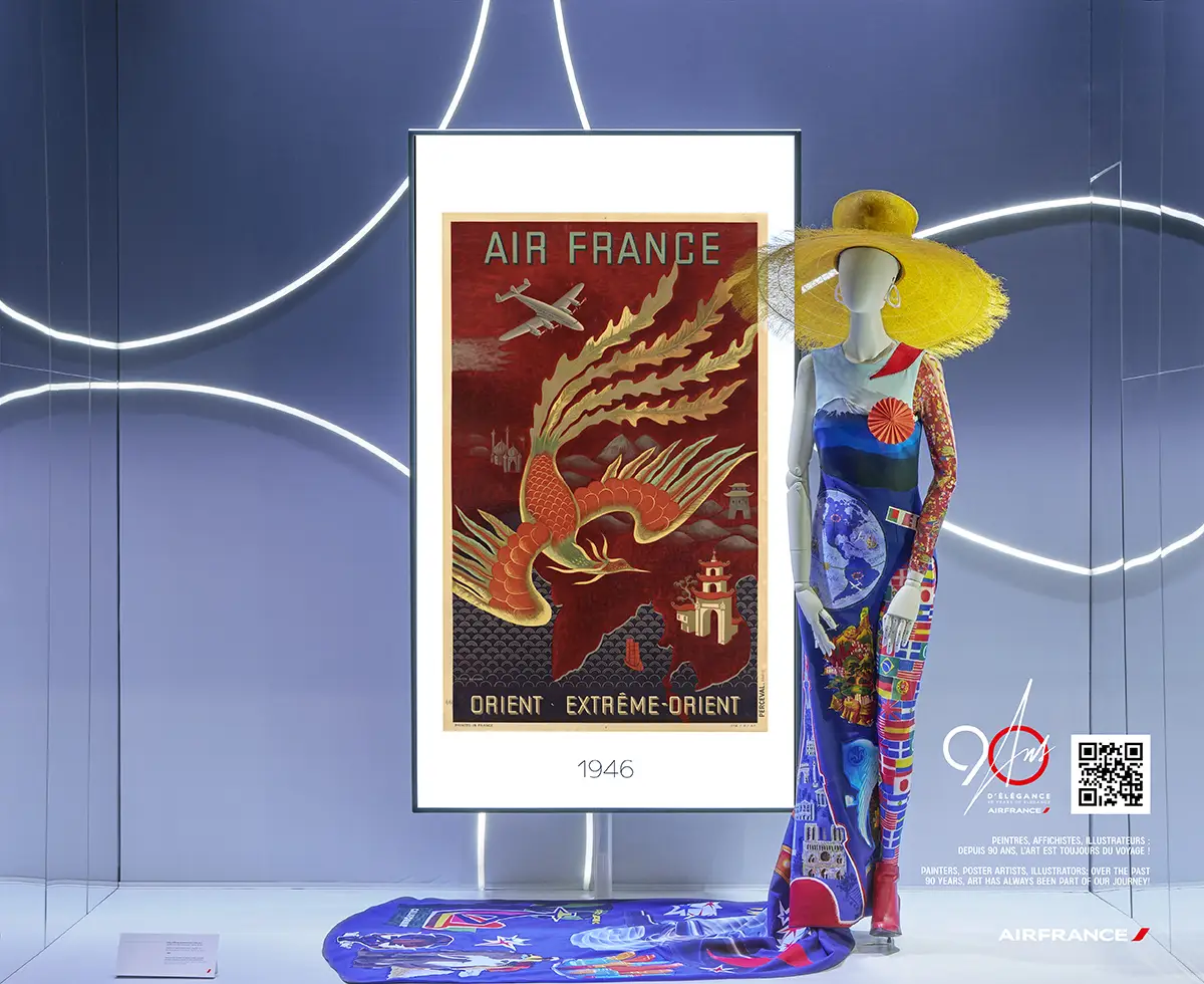 A series of historic Air France advertising displays featuring Air France flight destinations inspired a custom made dress
