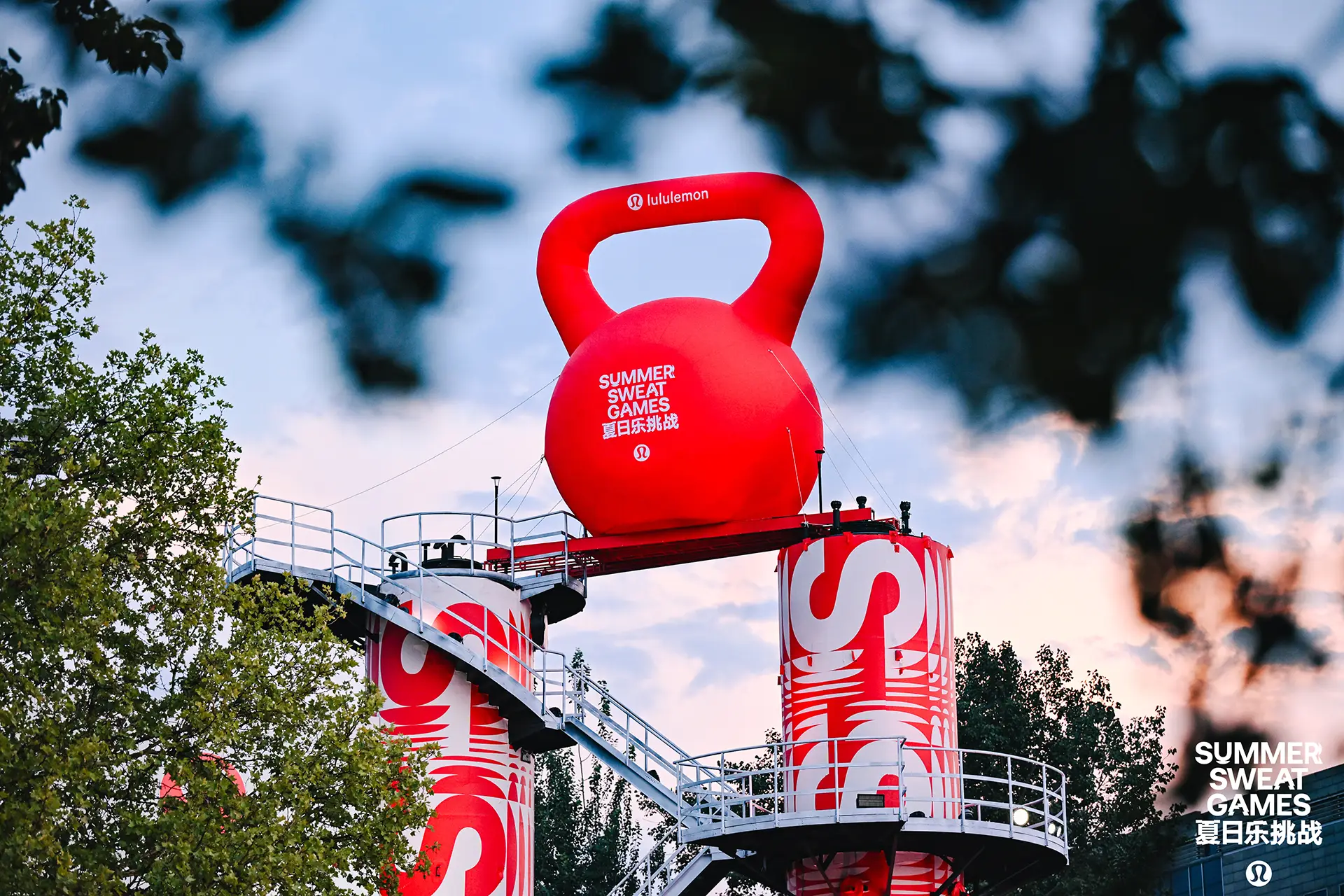 Giant inflated lululemon dumbbell dominating the venue