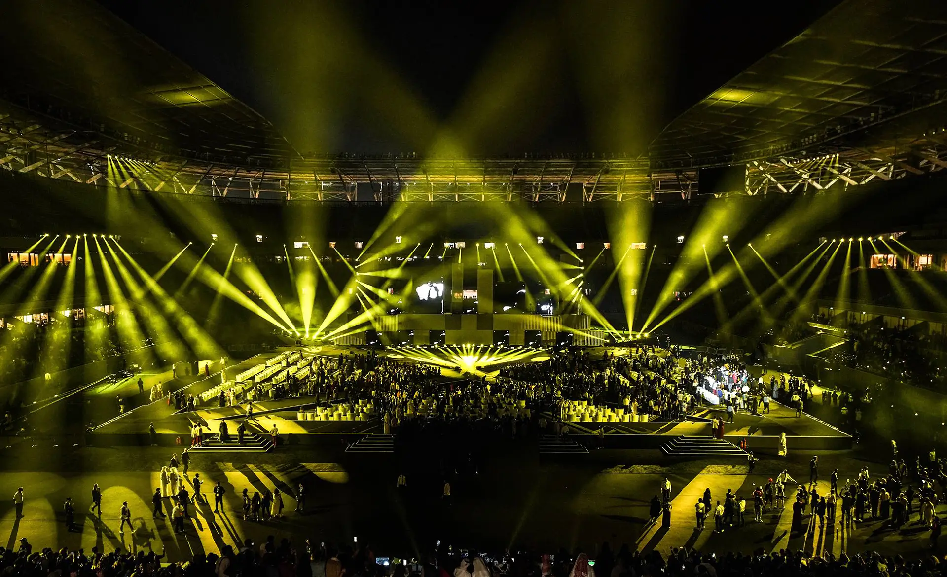 Yellow lighting play, illuminating the stadium